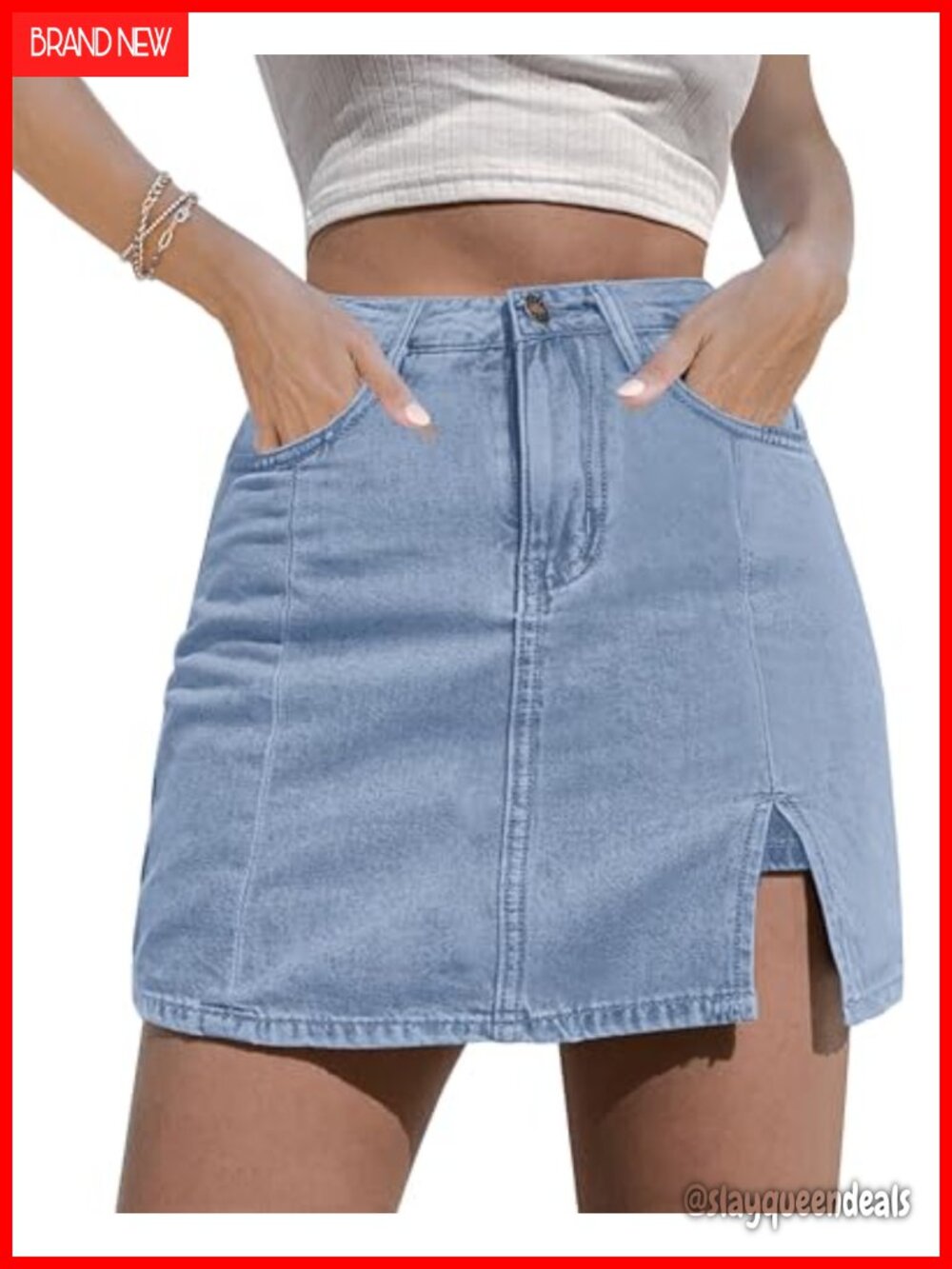 High Waisted Stretchy Denim Mini Skort Side Slit Bodycon